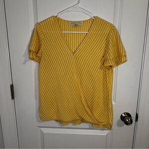 Michael Kors Blouse Faux Wrap Size XS Yellow White Stripe Short Sleeve Spring